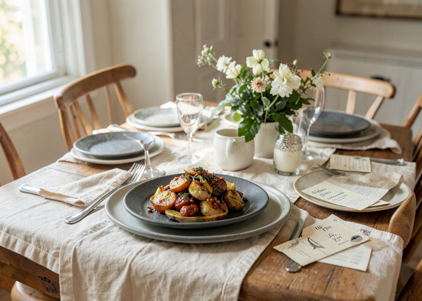 A table prepared for sharing with recipe cards beside a finished meal
